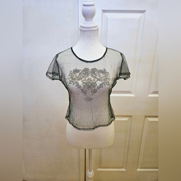 Nataya Tops - Magical Vintage NATAYA Gray Mesh Beaded Crop Blouse Top S